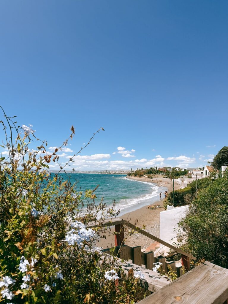 Wooden steps down to the beach at Estepona, with plumbago in flower and the coastline curving away in the distance