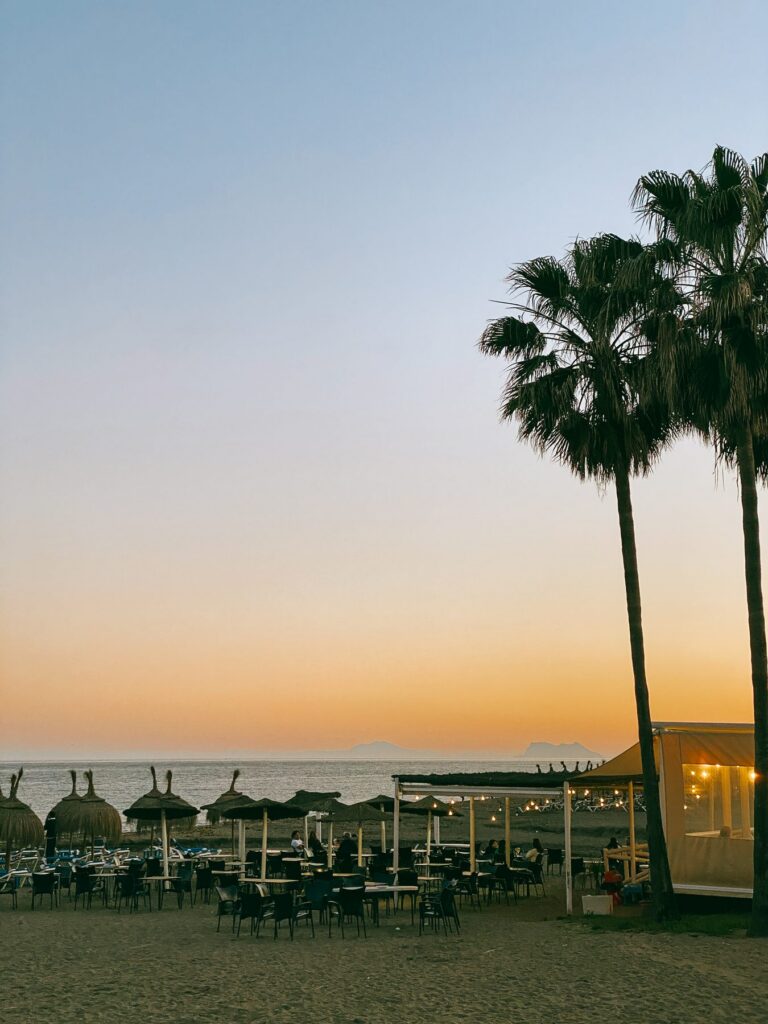 Sunset over a beachfront chiringuito in Estepona, with palm trees in silhouette against an orange sky